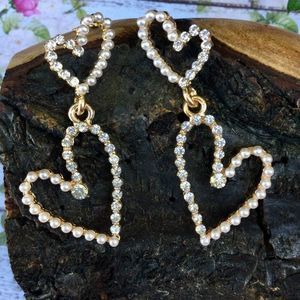 🏷️ Open Heart Post Earrings Clear Crystals Faux Pearls Gold Tone